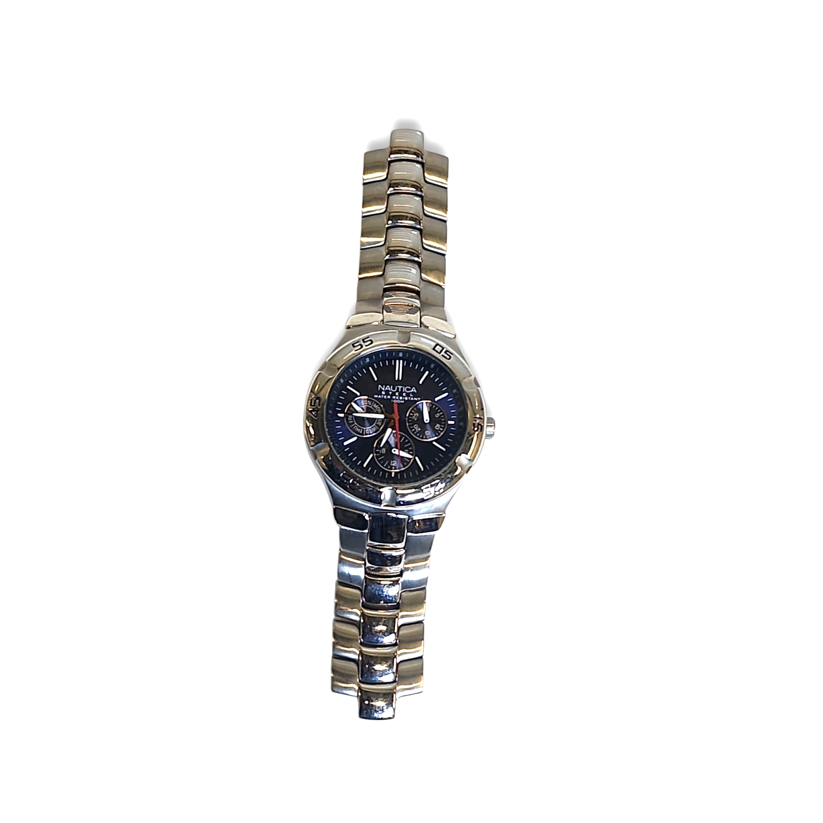 Mens Nautica Steel Day Date Stainless Watch Blue Dial Needs Battery